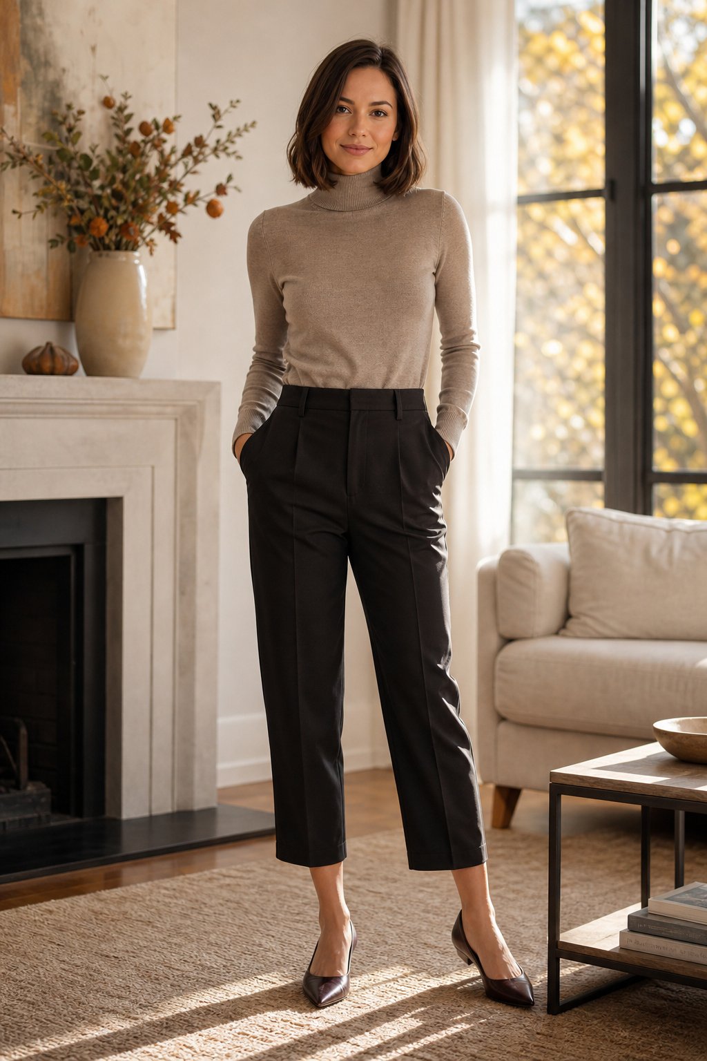 Petite woman in early 30s wearing cropped straight-leg trousers with a tucked knit top