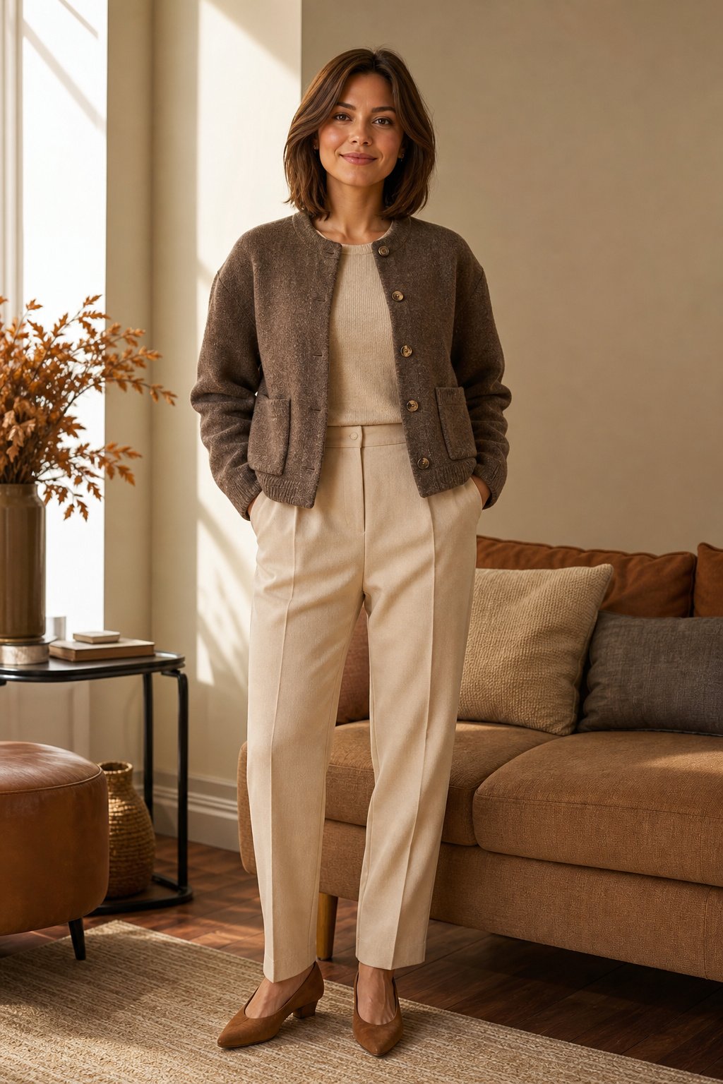 Petite woman in early 30s in a hip-length boxy cardigan over a tucked knit and trousers