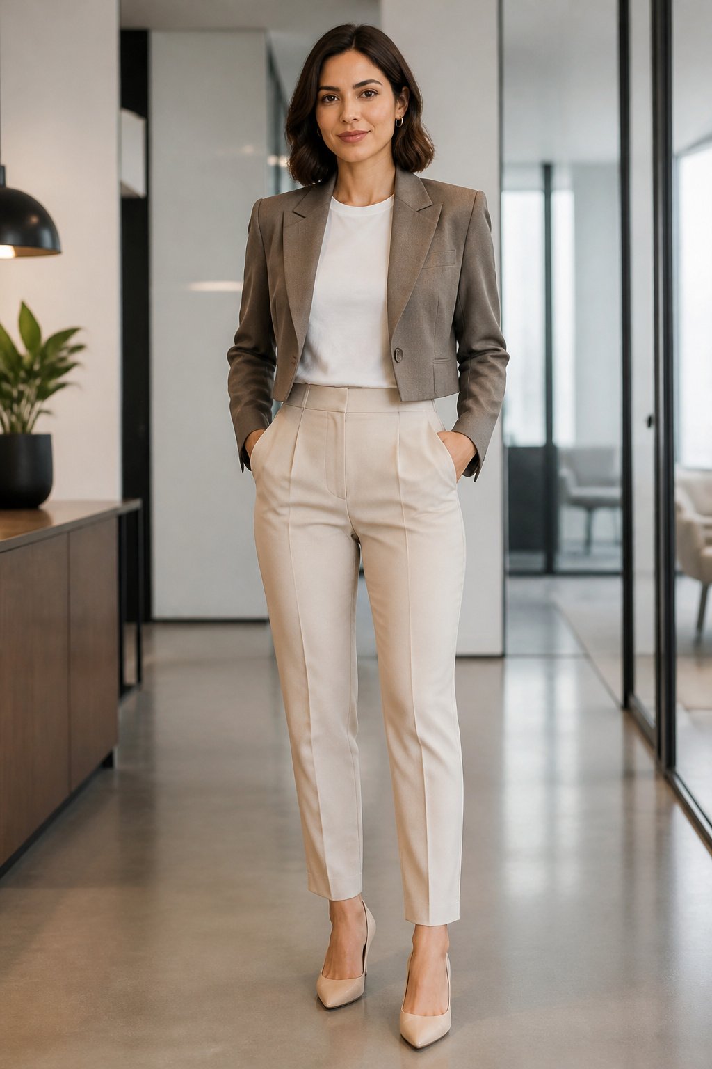Petite woman in early 30s wearing a cropped blazer with a defined shoulder over trousers