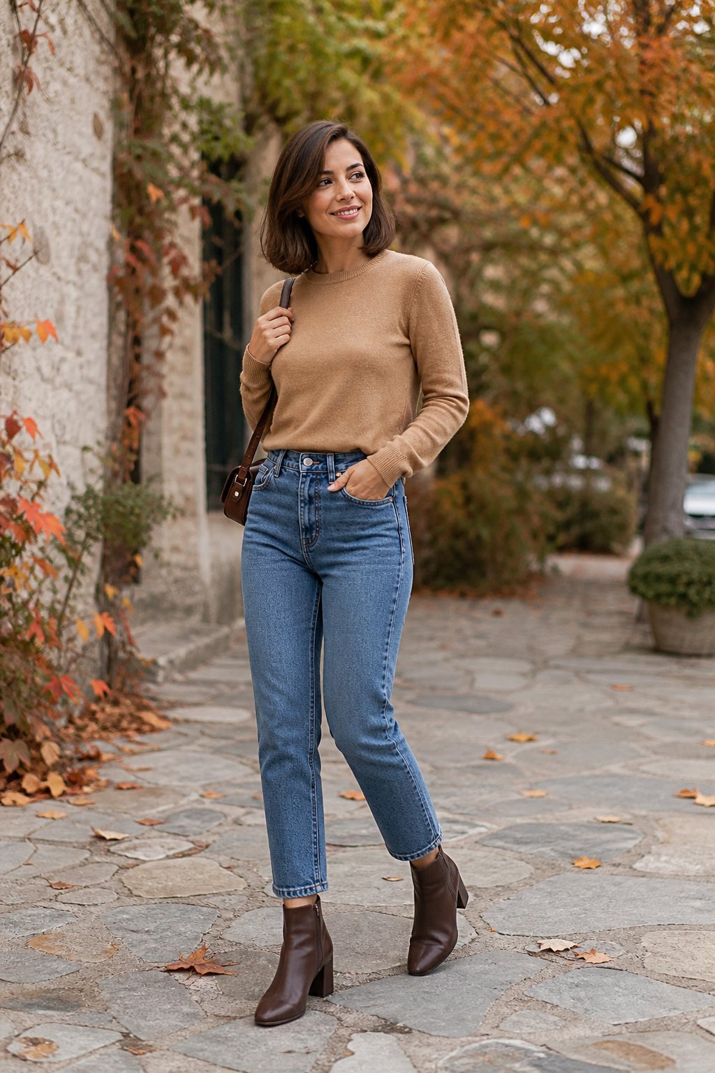 Petite woman in early 30s wearing fitted block-heel ankle boots with straight-leg jeans