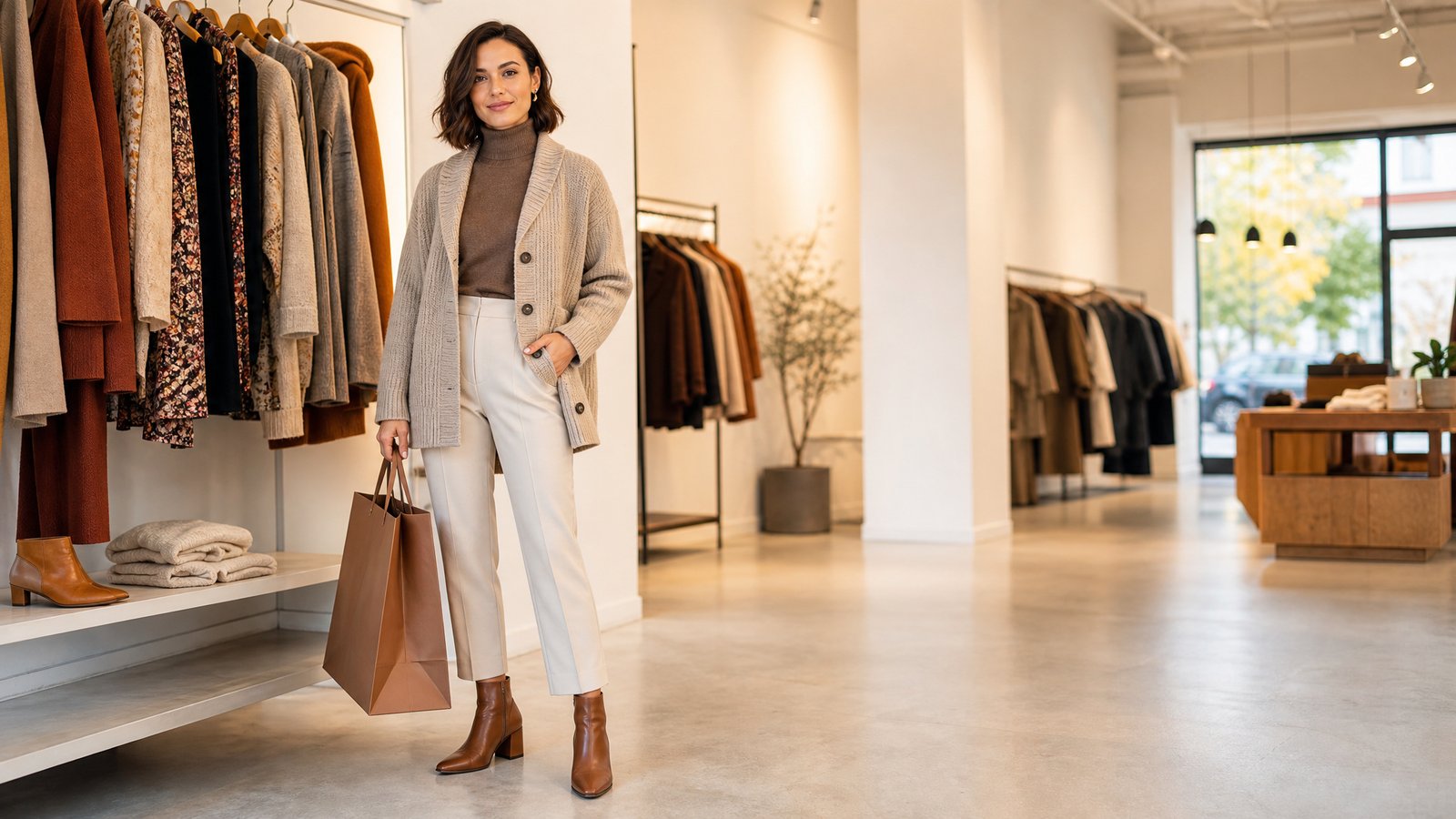 Petite woman in a cropped blazer and ankle boots holding a shopping bag in a fall boutique
