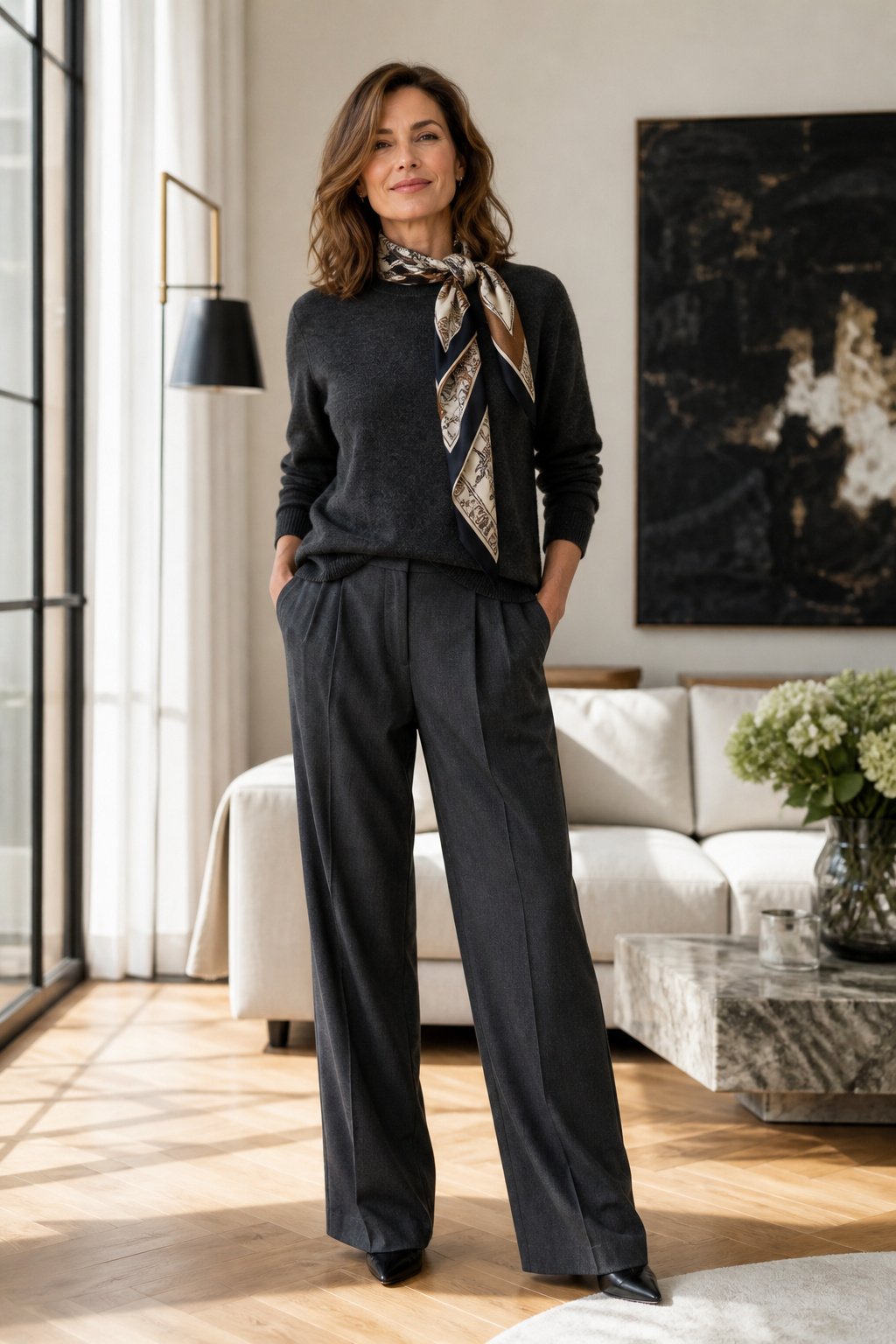 Woman in her mid 40s in a charcoal crewneck knit with a printed silk scarf tied in a loose knot at the neckline, classic silk scarf neck wrap look