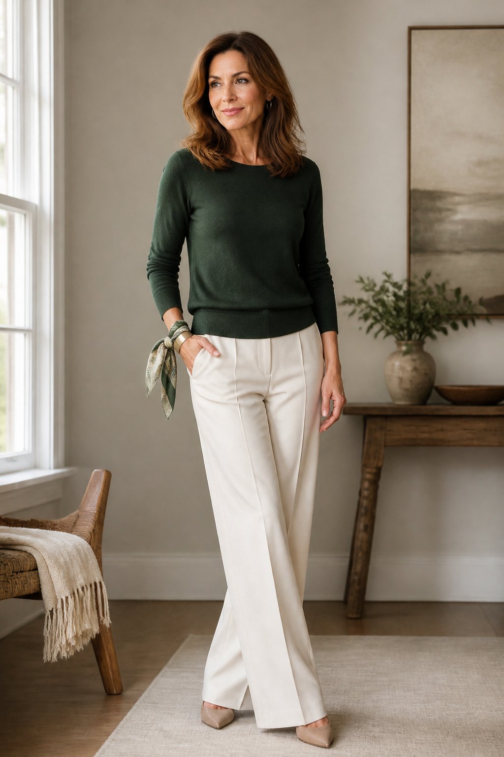Woman in her mid 40s in a forest green long sleeve knit with a small printed silk scarf tied around the wrist, silk scarf cuff accent look