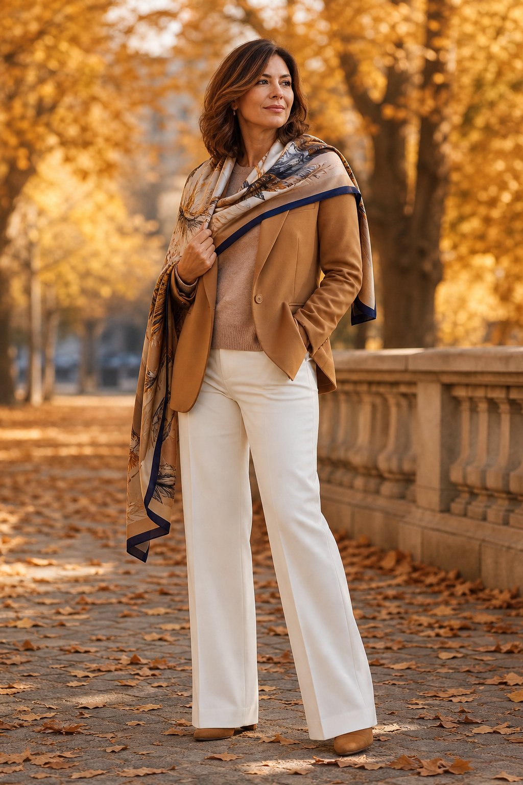 Woman in her mid 40s in a camel blazer with a large printed silk scarf draped over the shoulders like a shawl, silk scarf shoulder drape look