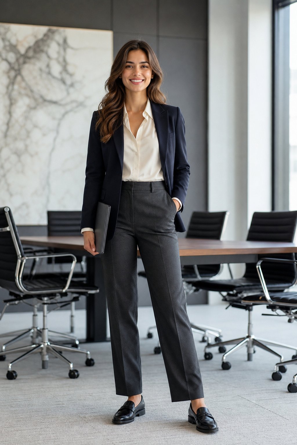 Young woman in tailored trousers blazer and loafers before a client presentation