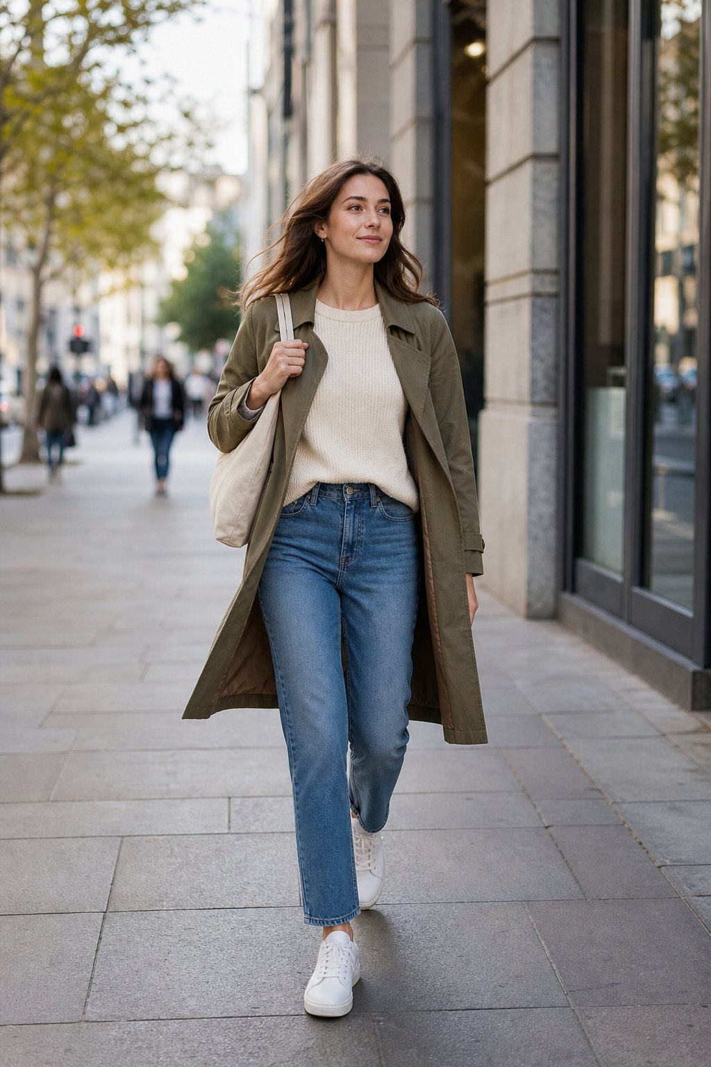 Young woman in jeans knit sweater and white sneakers on her morning commute
