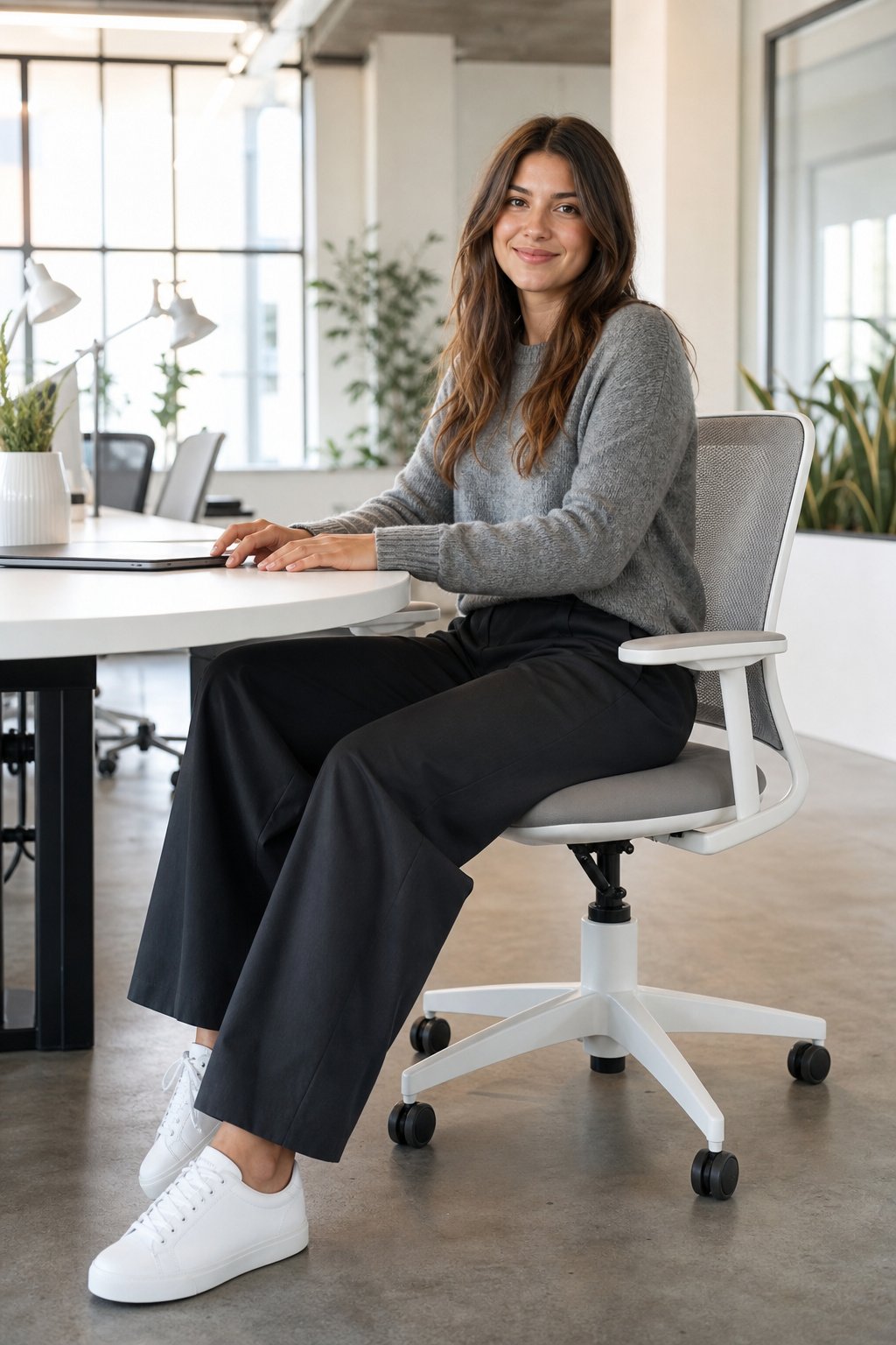 Young woman in wide-leg trousers and white sneakers at a modern office desk