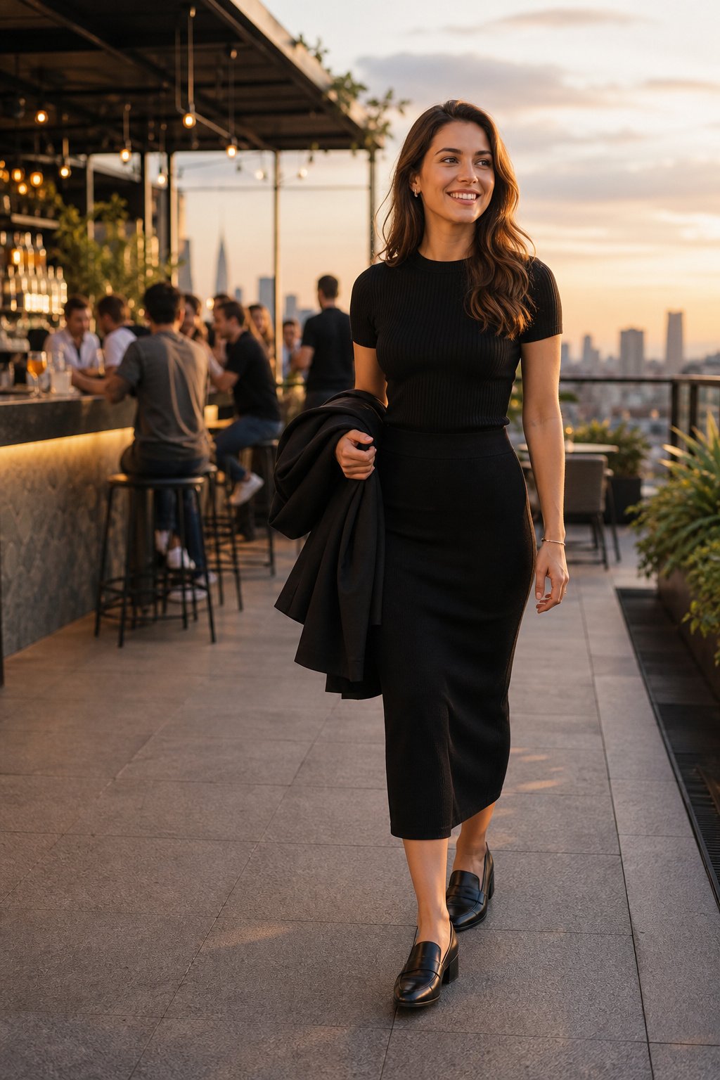 Young woman in a knit midi skirt blazer and loafers at an after-work rooftop bar