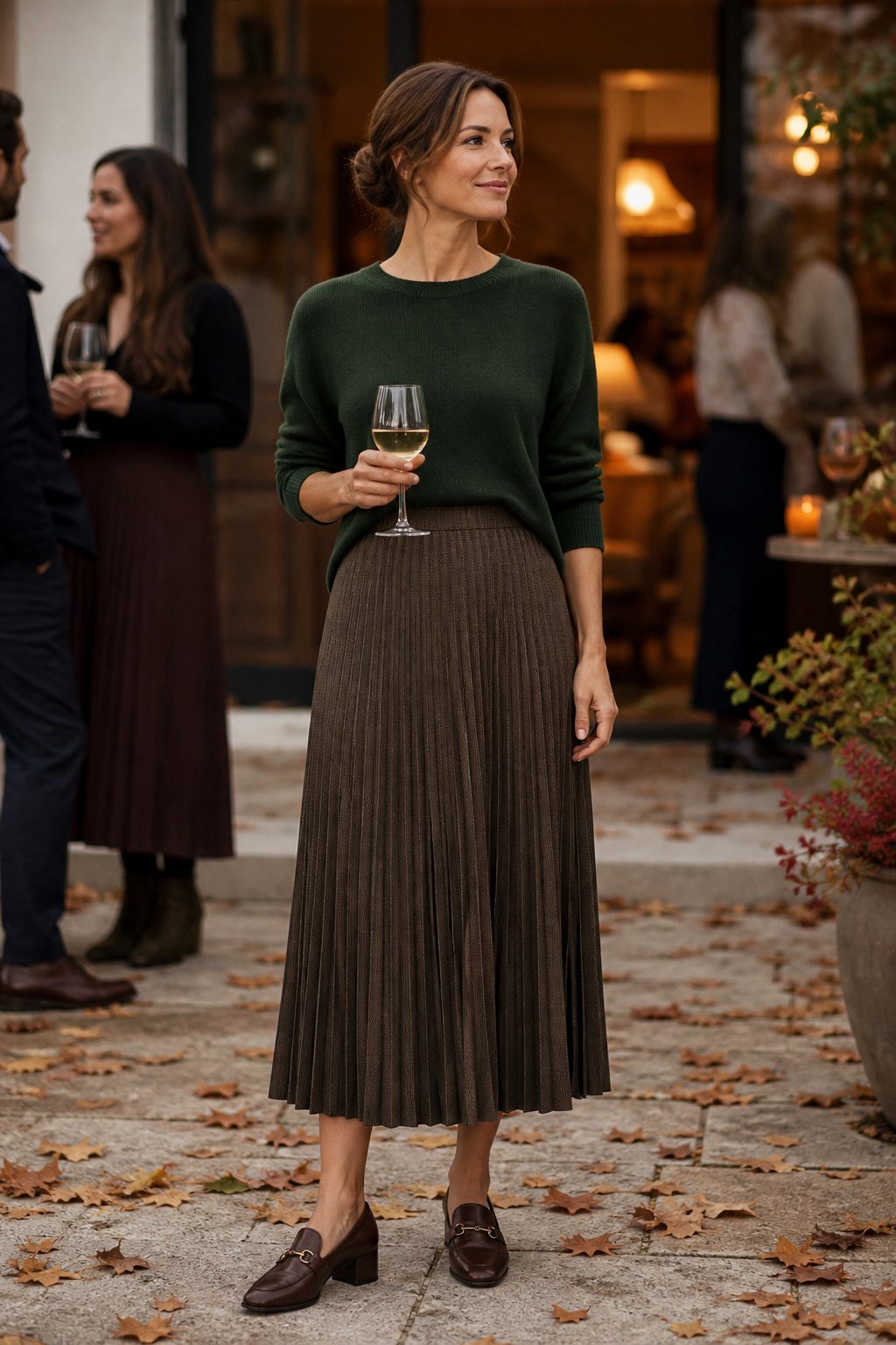 Woman in her late 30s in a tucked knit top and pleated midi skirt at a fall family gathering