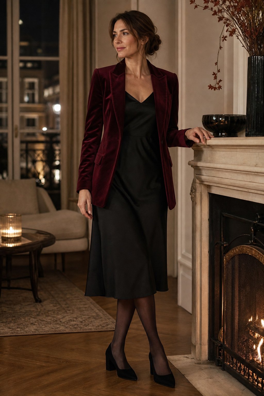Woman in her late 30s wearing a velvet blazer over a slip dress at a Thanksgiving evening gathering
