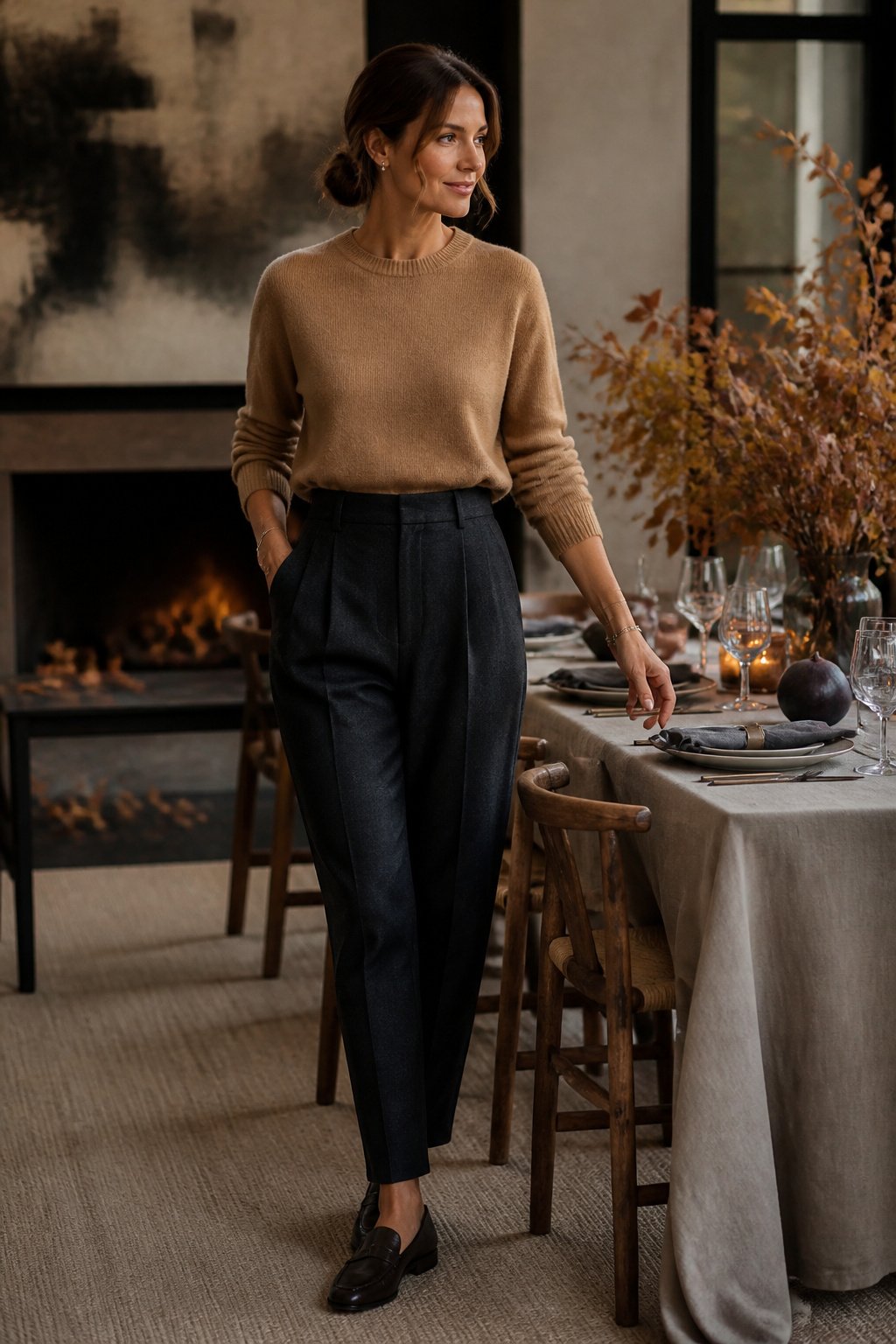 Woman in her late 30s wearing a cashmere blend sweater with tailored trousers at Thanksgiving