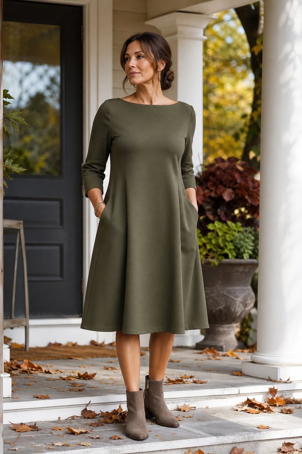 Woman in her late 30s wearing an A-line dress with ankle boots at Thanksgiving dinner