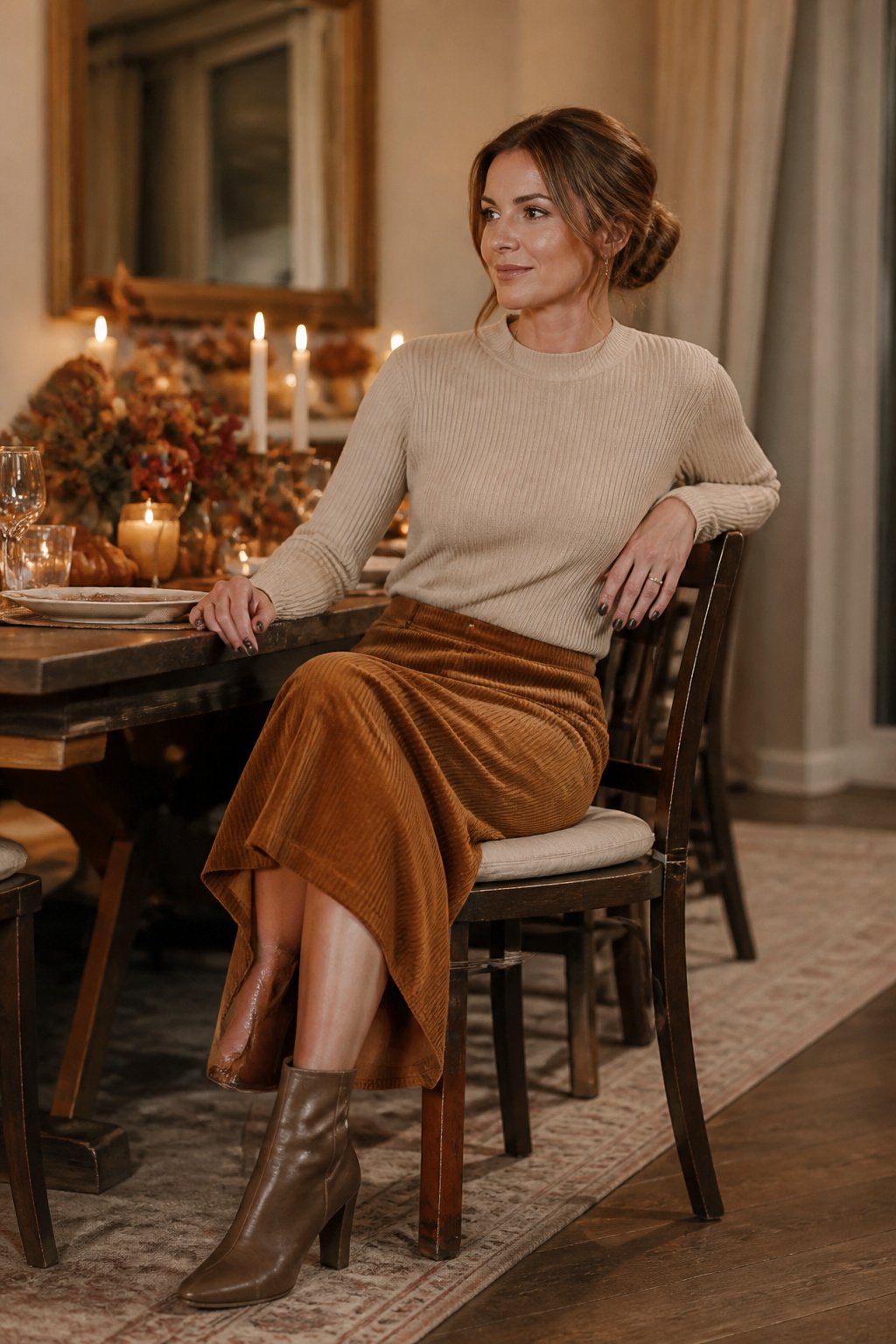 Woman in her late 30s in a ribbed knit top and corduroy skirt at a fall family dinner