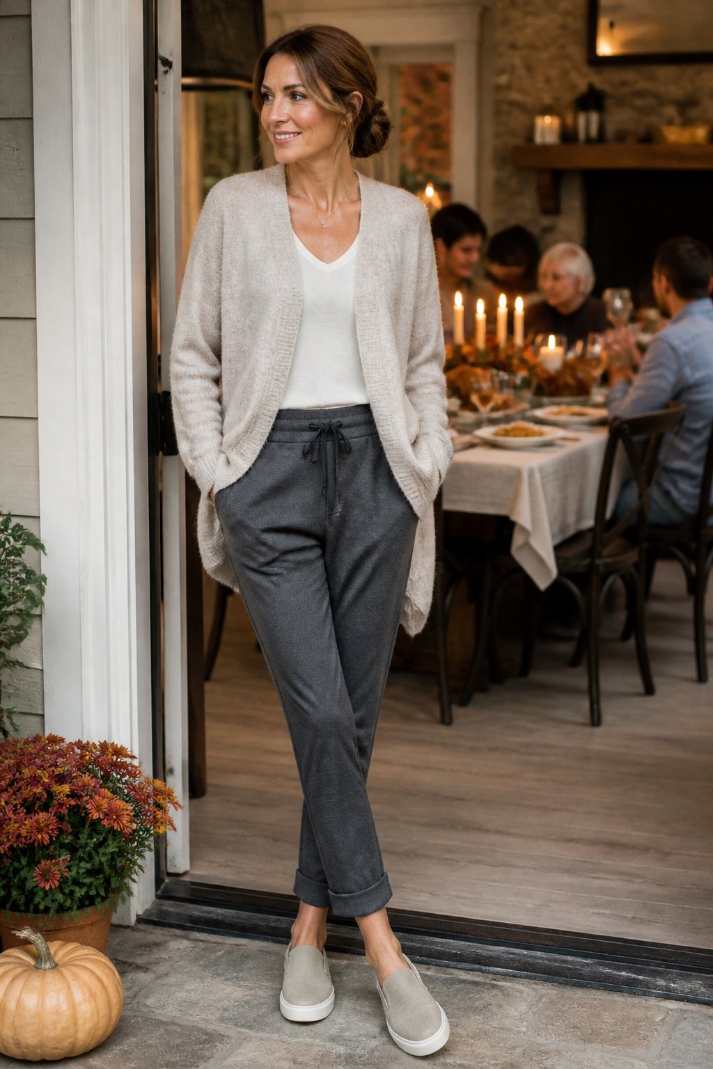 Woman in her late 30s wearing trouser style joggers and a soft cardigan at a relaxed Thanksgiving