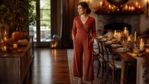 Woman in her late 30s in a warm rust knit jumpsuit in a festive Thanksgiving dining room