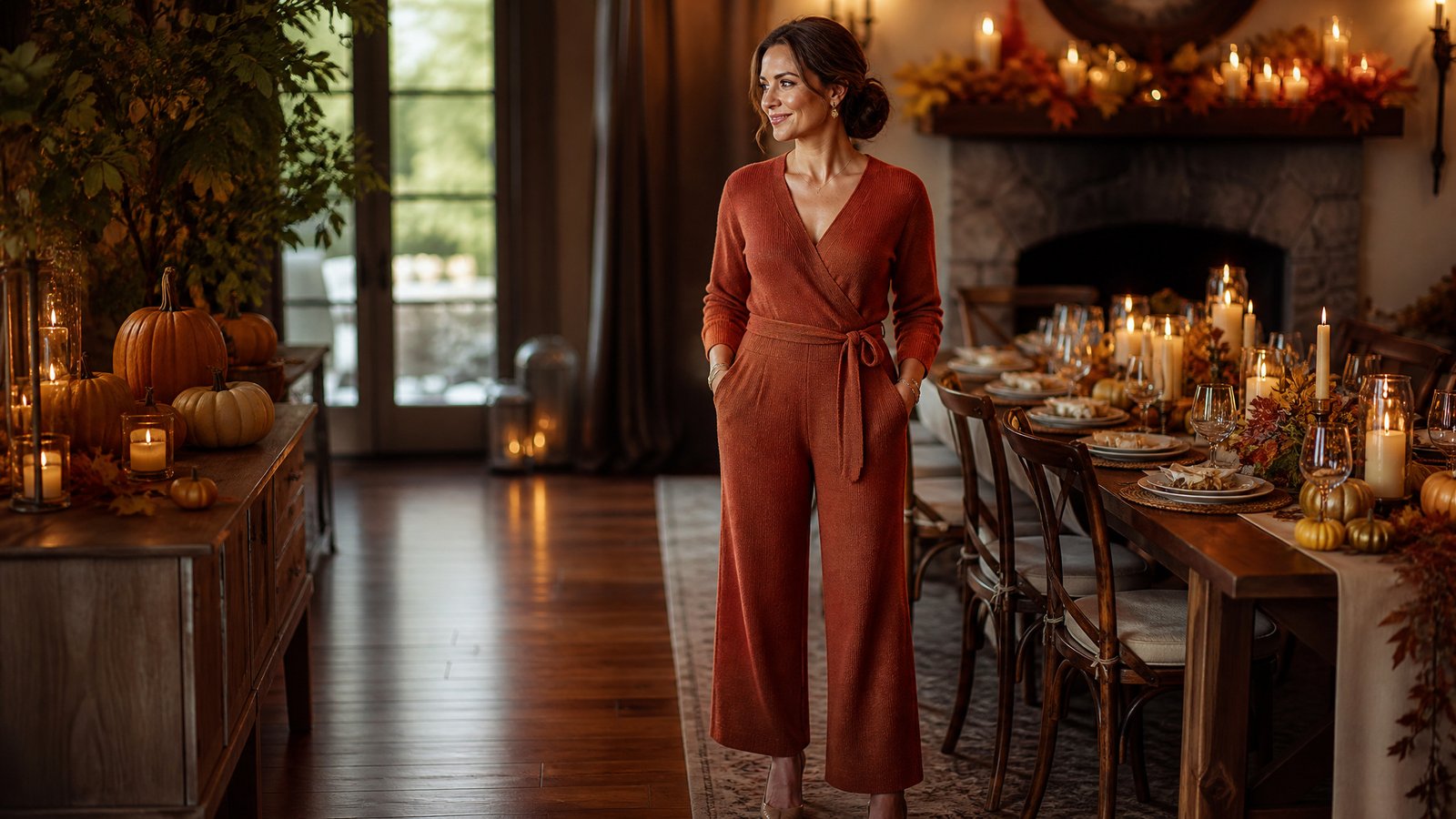 Woman in her late 30s in a warm rust knit jumpsuit in a festive Thanksgiving dining room