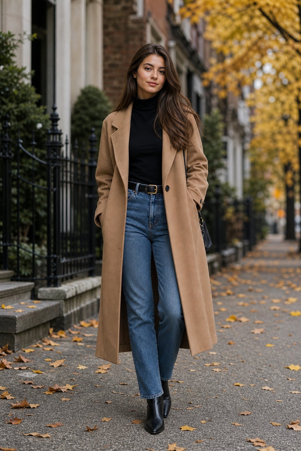 young woman in her 20s wearing a black turtleneck, straight leg jeans and a long camel wool coat on a city street in autumn
