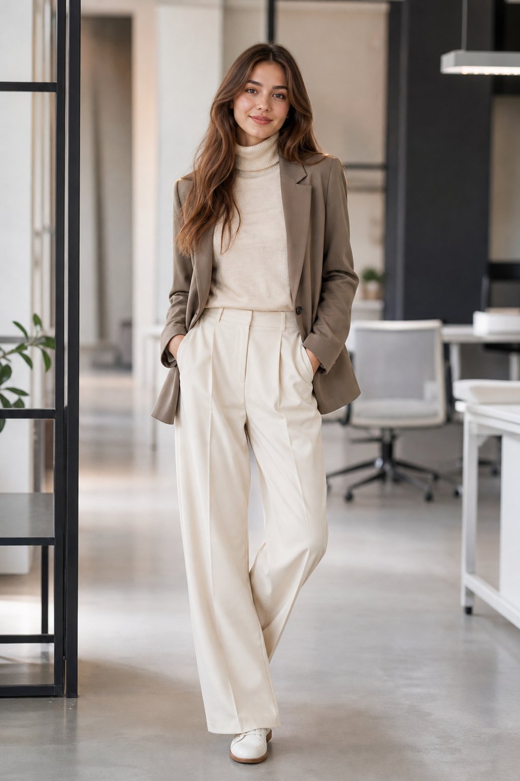 young woman in her 20s wearing a cream turtleneck with a relaxed blazer and wide leg trousers in a bright office