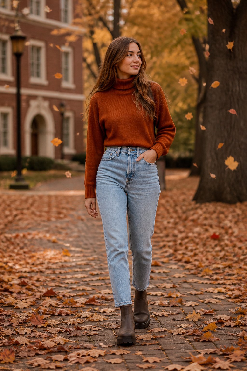 young woman in her 20s wearing a rust turtleneck with high rise mom jeans and lug sole boots walking through fall leaves