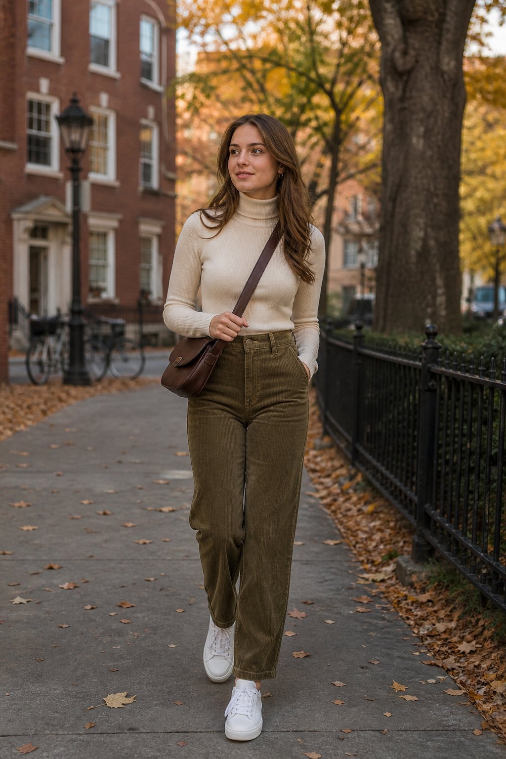 young woman in her 20s wearing a fitted turtleneck with olive corduroy trousers and low top sneakers on campus in autumn