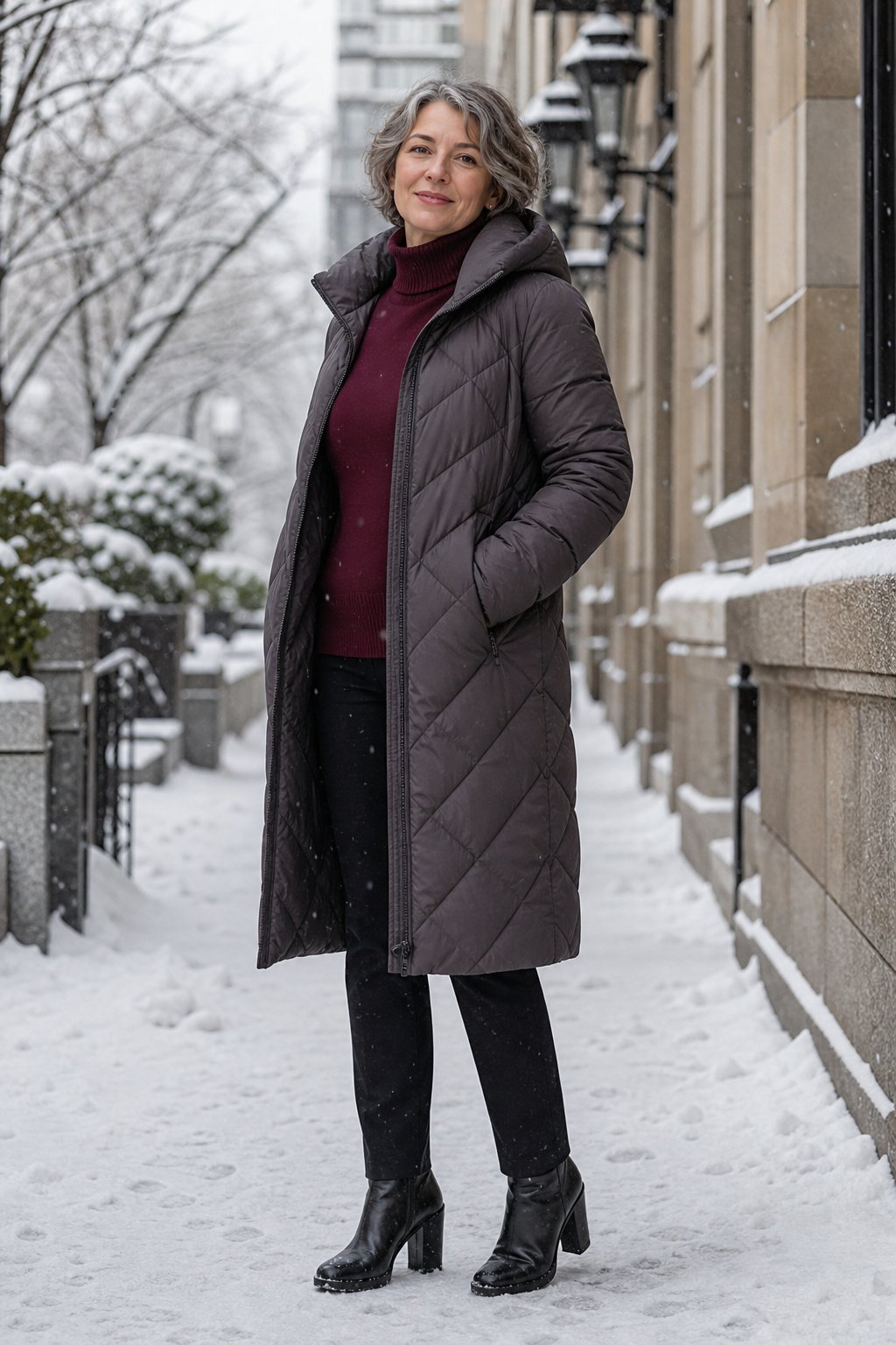 Confident woman in her mid-50s wearing a quilted longline coat over warm winter layers in a snowy street scene