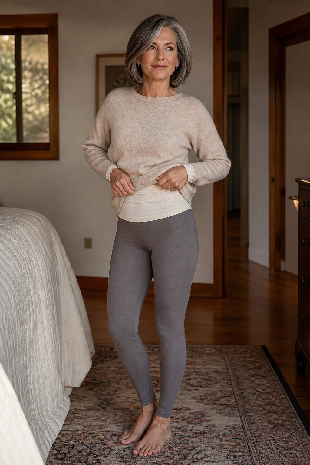 Woman in her mid-50s adjusting a thin merino wool base layer top underneath her winter clothing