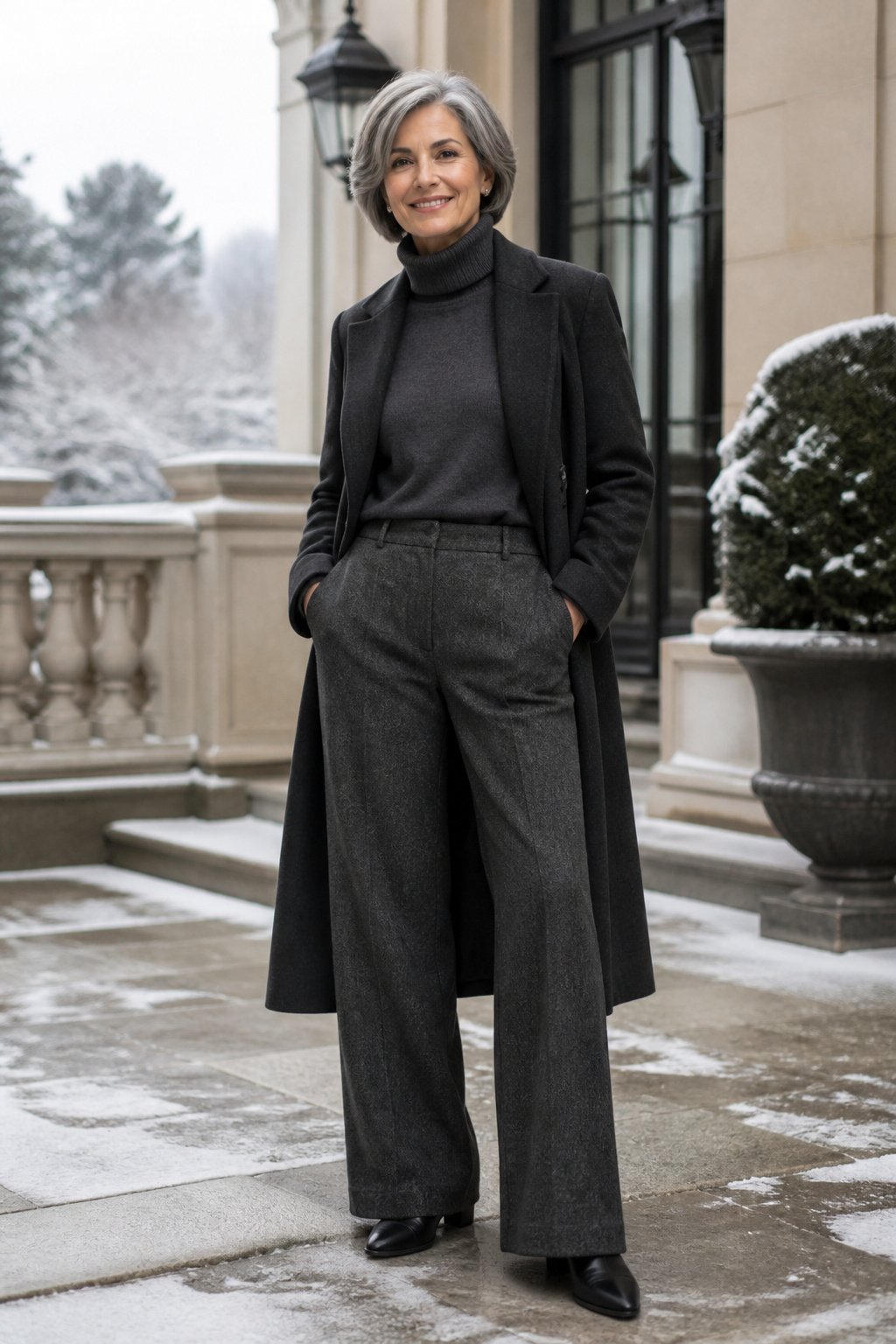 Woman in her mid-50s wearing tailored wool blend wide leg trousers in warm charcoal paired with winter shoes