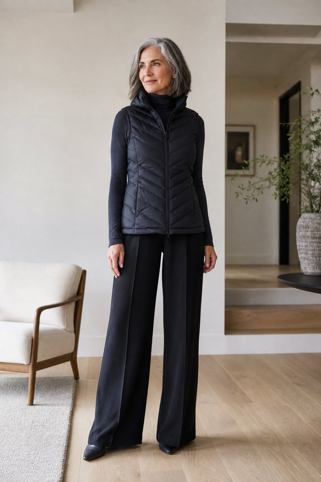 Woman in her mid-50s wearing a slim insulated puffer vest over a turtleneck and wide leg trousers indoors