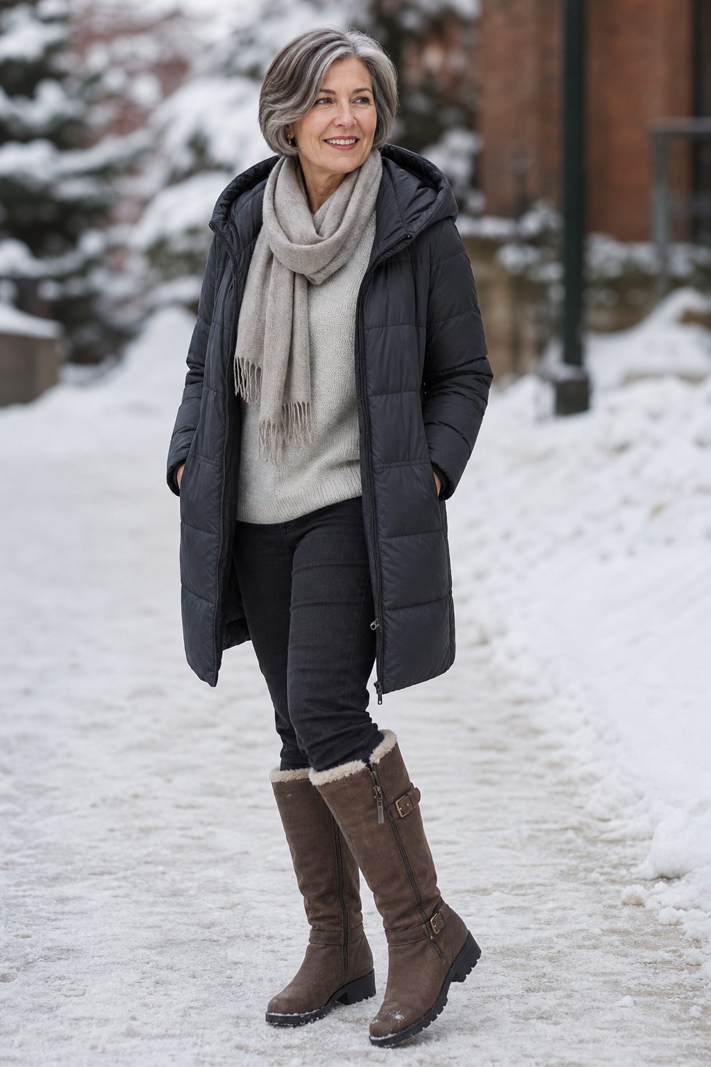 Woman in her mid-50s wearing warm lined knee high winter boots with a low block heel and treaded sole