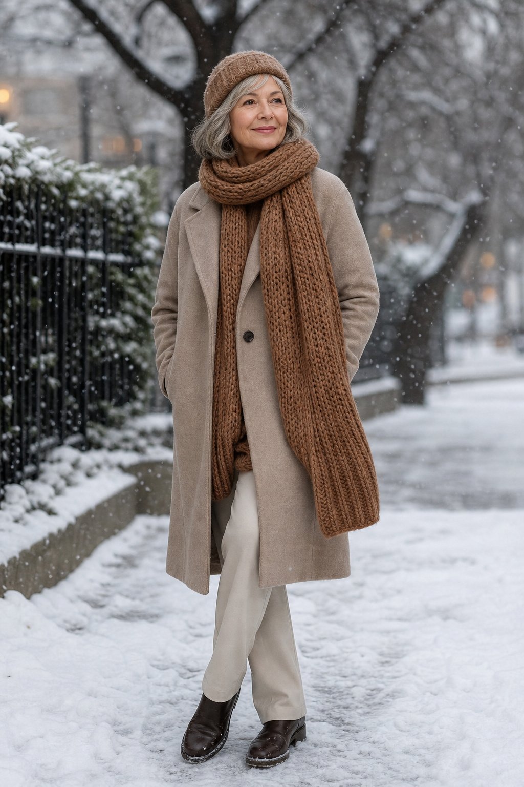 Woman in her mid-50s wearing a chunky wool knit scarf and beanie in a matching warm tone outdoors in winter