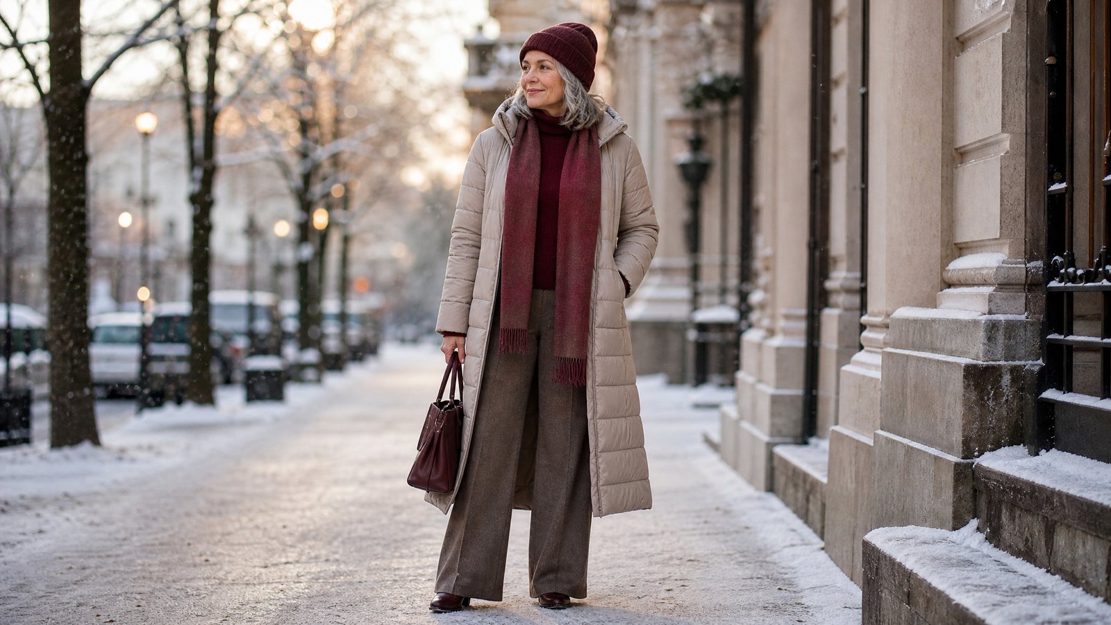 Woman in her mid-50s wearing a quilted winter coat with turtleneck and boots in falling snow