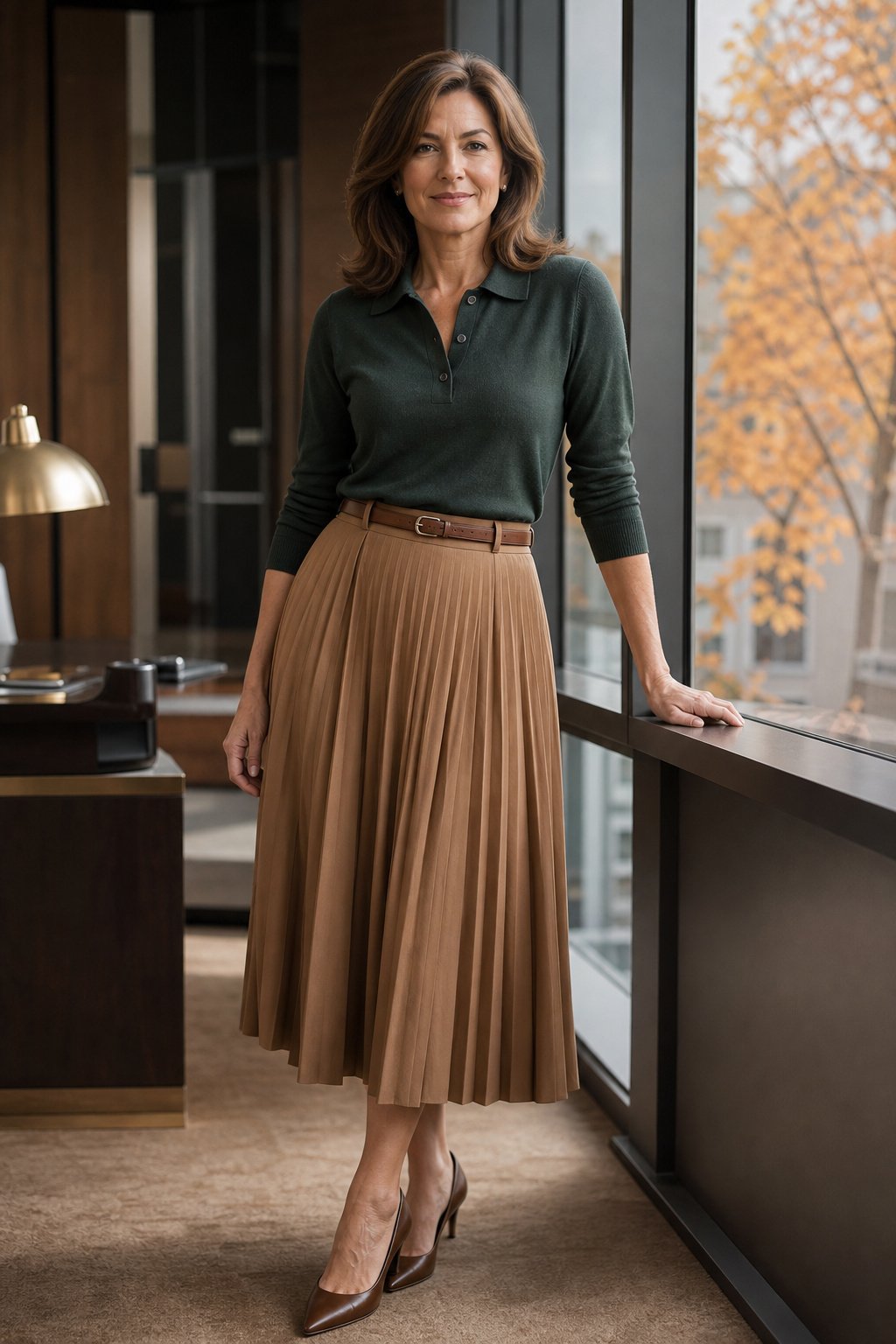 Woman in her 40s wearing a knit polo tucked into a pleated midi skirt for autumn work