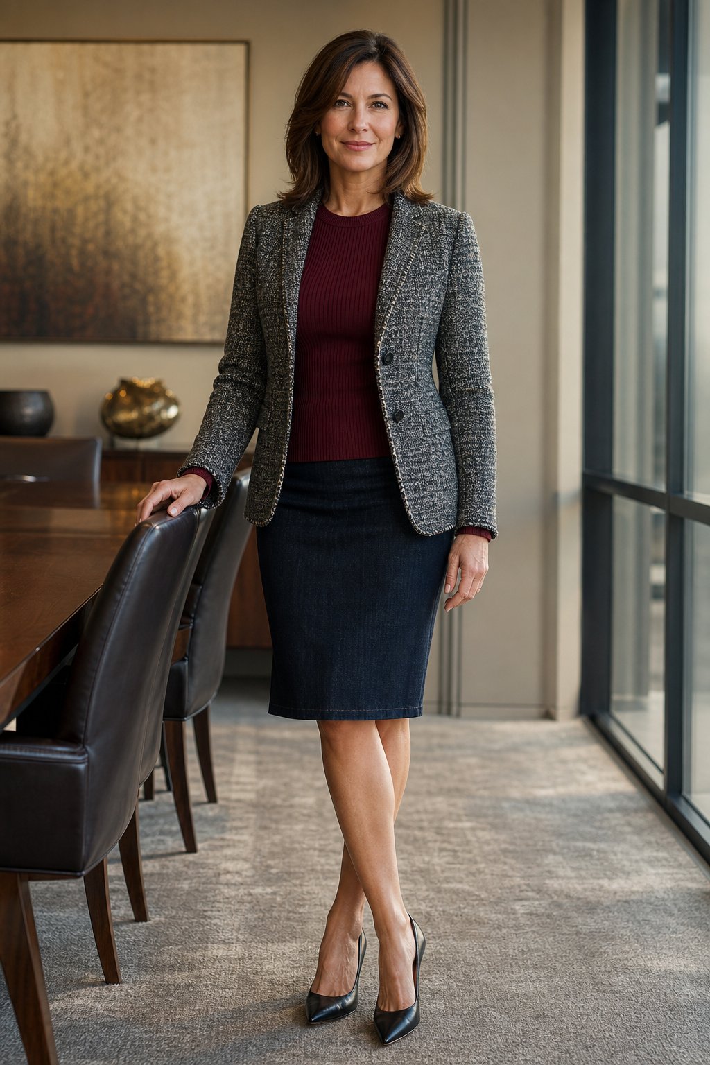 Woman in her 40s in a tweed blazer over a burgundy knit and pencil skirt for the office