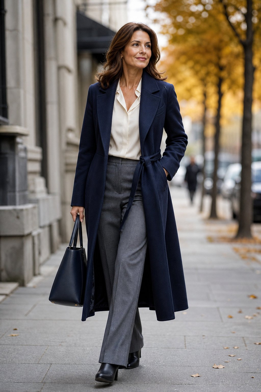 Woman in her 40s in a belted navy wool coat over tailored trousers on a city street