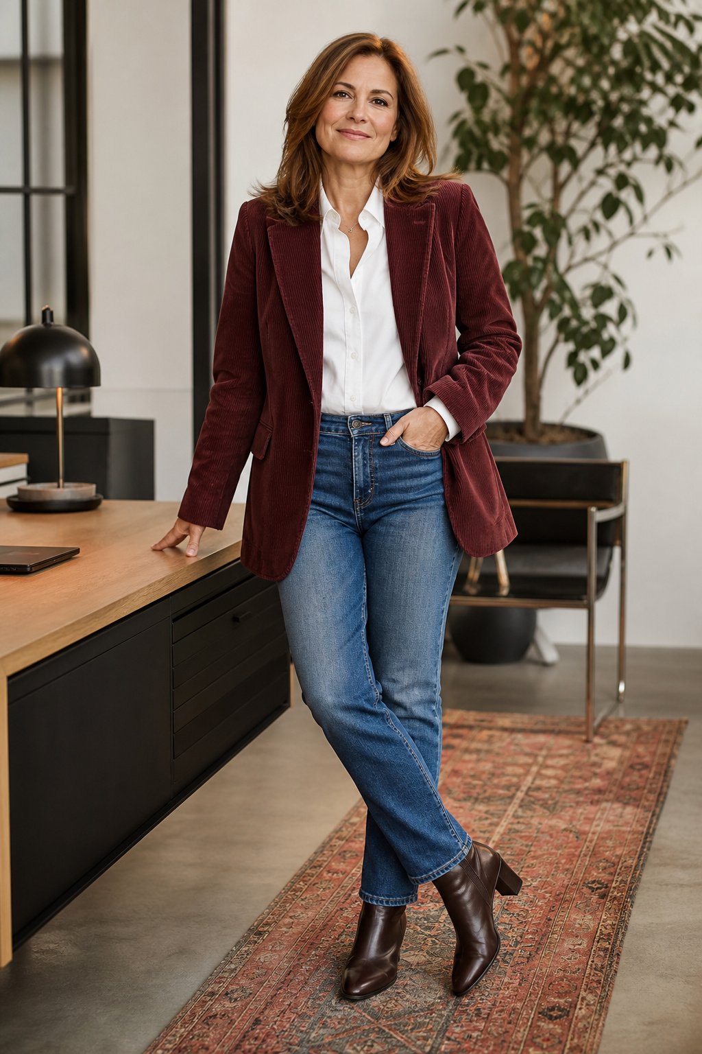 Woman in her 40s in a burgundy corduroy blazer with a white shirt and straight jeans for casual Friday